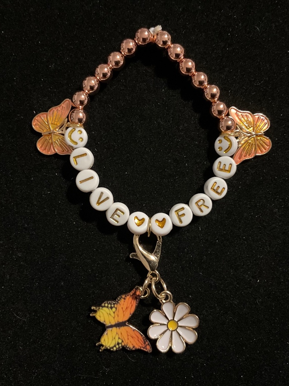 Live Free Butterfly Stretch Bracelet Rose Gold Beads - Parky’s Place Handmade
